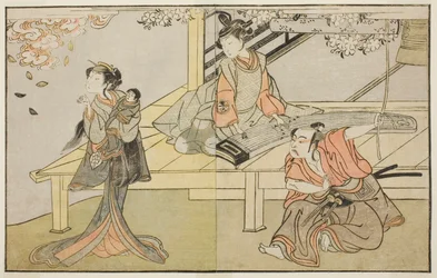 Herci Ichikawa Yaozo II jako Yoshimine no Munesada (vpravo), Yoshizawa Sakinosuke III jako Shizuya (uprostřed) a Nakamura Matsue I jako Sakuragi (vlevo), ve hře Kuni no Hana Ono no Itsumoji v divadle Nakamura v jedenáctém Měsíc, 1771