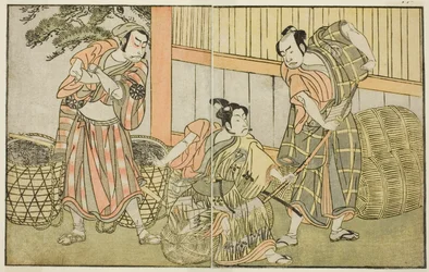 Herci Kasaya Matakuro II jako Hagun Taro (vpravo), Ichikawa Monnosuke II jako Izutsu no Suke Narihira (uprostřed) a Nakamura Nakazo I jako Kose no Kanaoka v přestrojení za Sogoro výrobce dřevěného uhlí, ve hře Kuni, Hana Ono no Itsumoji, hrají v Naka