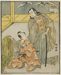 Herci Nakamura Denkuro II jako Suma no Dairyo (vpravo) a Ichikawa Komazo II jako Ariwara no Yukihira (vlevo), ve hře Kuni no Hana Ono no Itsumoji, představení v divadle Nakamura v jedenáctém měsíci, 1771
