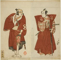 Herci Onoe Matsusuke I jako Yawata no Saburo (vpravo) a Otani Tomoemon I jako Yakko Emohei (vlevo) ve hře Myoto-giku Izu no Kisewata, představení v divadle Ichimura v jedenáctém měsíci, 1770