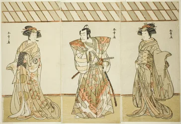 Herci Onoe Tamizo I jako Nishikigi (?) nebo Otae (?) (vpravo), Ichikawa Danjuro V jako Miura Heidayu Kunitae (?) (uprostřed) a Osagawa Tsuneyo II jako Oyuki (?) (vlevo), v Datum hry Nishiki Tsui no Yumitori (?), Vystoupení v divadle Morita (?) v E