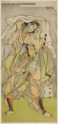 Herci Otani Hiroji III jako Koga Saburo a Ichimura Uzaemon IX jako ďábel z Kogakeyamy, duch Wakasa no Zenji Yasumura, ve hře Kono Hana Yotsugi no Hachi no Ki, představení v divadle Ichimura v jedenáctém měsíci, 1771