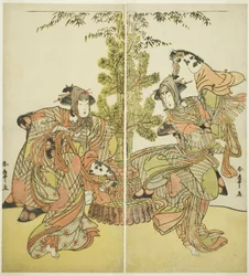 Herci Segawa Kikunojo III jako Yasukata (vpravo) a Iwai Hanshiro IV jako Utou (vlevo) ve hře Godai Genji Mitsugi no Furisode, představení v divadle Nakamura v jedenáctém měsíci, 1782