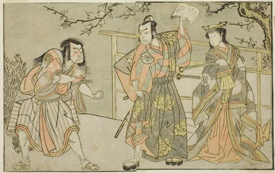 Herci Yamashita Yaozo I jako Ono no Komachi (vpravo), Matsumoto Koshiro II jako Godai Saburo (uprostřed) a Ichikawa Danzo III jako Otomo no Kuronushi (vlevo) ve hře "Kuni no Hana Ono no Itsumoji" vystoupili na festivalu Nakamurovo divadlo v jedenáctém měsí