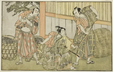 Hra Kuni no Hana Ono no Itsumoji, hraná v divadle Nakamura v jedenáctém měsíci, asi 1772 (dřevoryt)