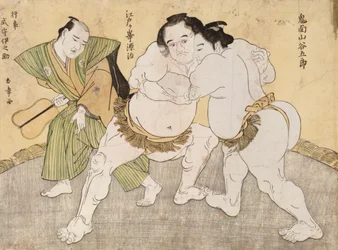 Wrestling Match mezi Kimenzan Tanigoro a Edogasaki Gemji (barevný dřevotisk)