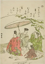 "Tsu": Narihira ve sněhu v Ono, ze série "Tales of Ise v módních brokátových obrázcích (Furyu nishiki-e Ise monogatari)"