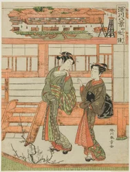 Yagurashita no Bansho (Večerní zvon v Yagurashitě), kurtizána a její obsluha v Yagurashita Unlicenced Pleaser District ve Fukagawě, ze série „Fukagawa Hakkei (Eights Views of Fukagawa)“