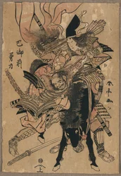 Mocný Tomoe Gozen, asi 1810 (barevný dřevoryt)