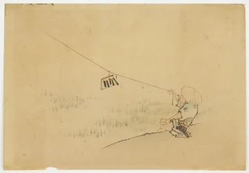 Farmer Flying Kite with Bird Clapper, ca. 1850 (inkoust a barva na papíře)