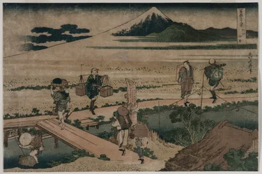 Pohled na horu Fuji a Travelers by a Bridge, ca. 1835.
