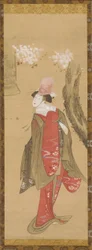 Tanečnice Kiyohime, třešeň a zvon Dojo-ji, konec 18. a začátek 19. století.