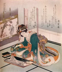Žena, která vyrábí miniaturní model hory Fuji, c1823.