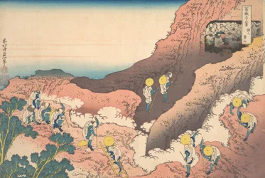 Skupiny horolezců Shojin tozan, ze série Třicet šest pohledů na Mou..., ca. 1830-32.