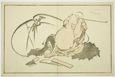 Hotei kouří dýmku, z Hokusaiovy knihy realistických obrazů (Hokusai shashin gafu), asi 1814 (barevný dřevoryt (albový list))