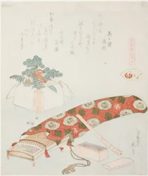 Koto a novoroční nabídka, ilustrace k filmu The Akoya Beach Shell (Akoyagai), ze série „Hra s básněmi z období Genroku (Genroku kasen kai awase)“