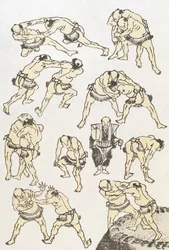 Manga: studie gest a postojů zápasníků, hospoda. 1849, (barevný dřevotisk)