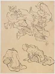 Tančící muži a různé postavy, konec 18.-začátek 19. století.