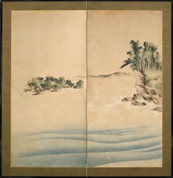 Hora Fuji a Enoshima, období Edo, cca 1825 (inkoust a barva na papíře)