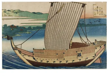 č. 18. Scéna, džunka plující po klidném moři kolem zátoky Suminoye v Settsu, ze série Sto básní vysvětlených sestrou, asi 1835-1836 (dřevoryt na papíře).