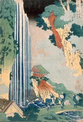 Vodopád Ona na řece Kisokaido, 1827 (barevný dřevoryt)