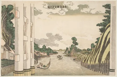 Obrázek řeky Sumida při pohledu z mostu Azuma, kolem roku 1830 (dřevořez)