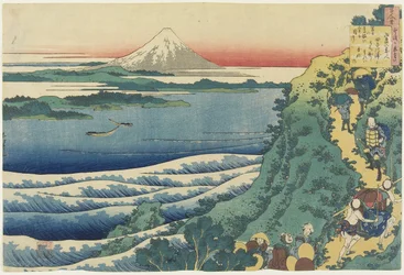 Báseň Yamabe no Akahito, z knihy Sto básní vysvětlených sestrou, kolem roku 1839 (barevný dřevořez)