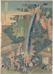 Vodopád Rōben na hoře Ōyama v provincii Sagami (Sōshū Ōyama Rōben no taki), ze série „Prohlídka vodopádů v různých provinciích“ (Shokoku taki meguri)