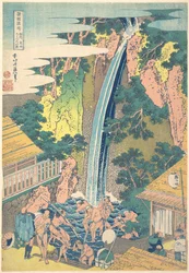 Vodopád Rōben na hoře Ōyama v provincii Sagami (Sōshū Ōyama Rōben no taki), ze série „Prohlídka vodopádů v různých provinciích“ (Shokoku taki meguri)