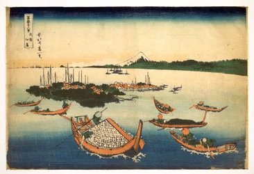 Série 36 pohledů na horu Fuji: pohled na ostrov Tsukuda v provincii Musashi, Japonsko - tisk Katsushika Hokusai (1760-1849) (škola ukiyo-e) 1830-1833 státní Puškinovo muzeum výtvarných umění, Moskva