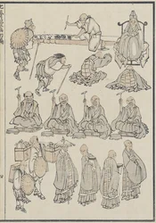 Náčrtky buddhistických kněží, c. 1840 (dřevotisk)