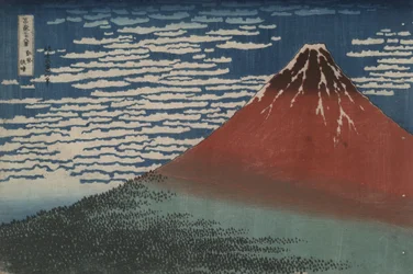 „Jižní vítr za jasného úsvitu“, známý také jako „Červená Fudži“, ze série „Třicet šest pohledů na horu Fudži“