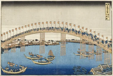Most Temma, provincie Settsu ze série Úžasné pohledy na slavné mosty různých provincií, kolem roku 1835 (barevný dřevotisk)