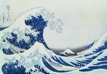 Velká vlna u Kanagawy, ze série "36 pohledů na horu Fudži" ("Fugaku sanjuokkei"), kterou vydal Nišimura Eijudo, 1831 (barevný dřevoryt)
