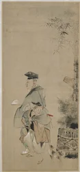 Dva baviči na procházce na Nový rok, období Edo, cca 1830-32 (inkoust a barva na papíře)