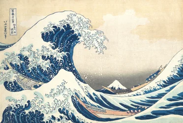 Pod vlnou u Kanagawy Kanagawa oki nami ura, známé také jako Velká vlna, ..., kolem 1830-32.