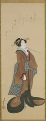Žena držící tabákovou dýmku, období Edo, cca 1814-15 (inkoust a barva na hedvábí)