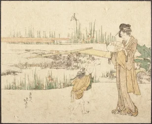 Žena a dítě v zahradě; fragment obrazu „Prodejce zlatých rybek“