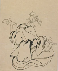 Žena zády k pozorovateli hrající samisen, konec 18.-začátek 19. století.