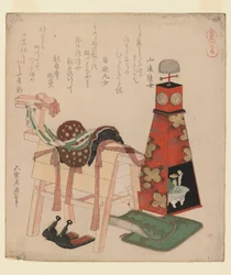 Dřevěný kůň, ze série Koně, 1822 (dřevotisk, surimono)