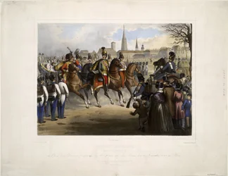 Mikuláš I. Ruský jako vrchní plukovník 9. husarského pluku "Graf Nadasdy"" na Glacis ve Vídni dne 30. prosince 1845 - Katzler, Vinzenz (1823-1882) - 1846 - Barevná litografie - 39x50,4 - Private Sbírka