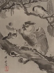 Sova zesměšňovaná malými ptáky, ca. 1887.