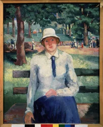 Nezaměstnaná žena. (Nezaměstnaná dívka). Sedí na lavičce ve veřejném parku, v létě ve stínu borovic, její ustaranou tvář posiluje řada chodců v pozadí. Obraz Kazimira Severinoviče Maleviče (Malevich, Malevic) (1878-1935),