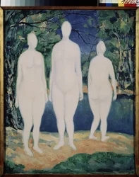 The Bathers. Tři bílé, nahé postavy, stojící v létě poblíž řeky. Obraz Kazimira Severinoviče Maleviče (Malevich, Malevic) (1878-1935), olej na plátně