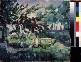 Letní krajina. Popis zahrady malého venkovského domu v létě, s dítětem, které si užívá letní prázdniny. Obraz Kazimira Severinoviče Maleviče (Malevich, Malevic) (1878-1935), olej na plátně