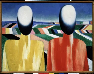 Rolníci (Sedláci). Dvě hlavy bez tváře před krajinou obdělávaných polí. Malba Kazimira Severinoviče Maleviče (Malevich, Malevic) (1878-1935), olej na plátně, kolem roku 1930. Ruské umění, avantgarda, 20. století, suprematismus. Státní ruská múza