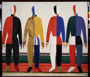 Sportovci. Čtyři muži ve velmi barevném sportovním oděvu. Obraz Kazimira Severinoviče Maleviče (Malevich, Malevic) (1878-1935)