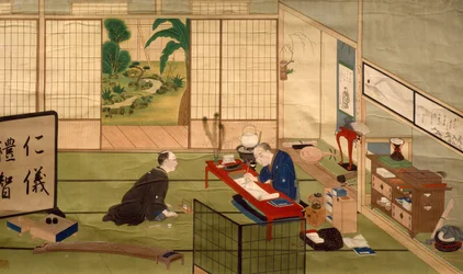 Studium kaligrafa, Kawahara Keiga (1786-cca 1860), akvarel, Japonsko, japonská civilizace, začátek 19.