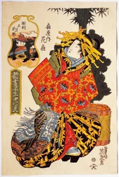 Kurtizána Hanaogi z domu Ogiya na jarní přehlídce kurtizán, kolem roku 1830, umělecký tisk ukiyo-e od Keisai Eisena (1790-1848), dřevoryt Oban tate-e, 38,5 x 25. 7 cm, japonská civilizace, období Edo