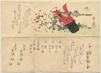 Červeno-černý lakovaný kbelík na vodu a třešňová větev